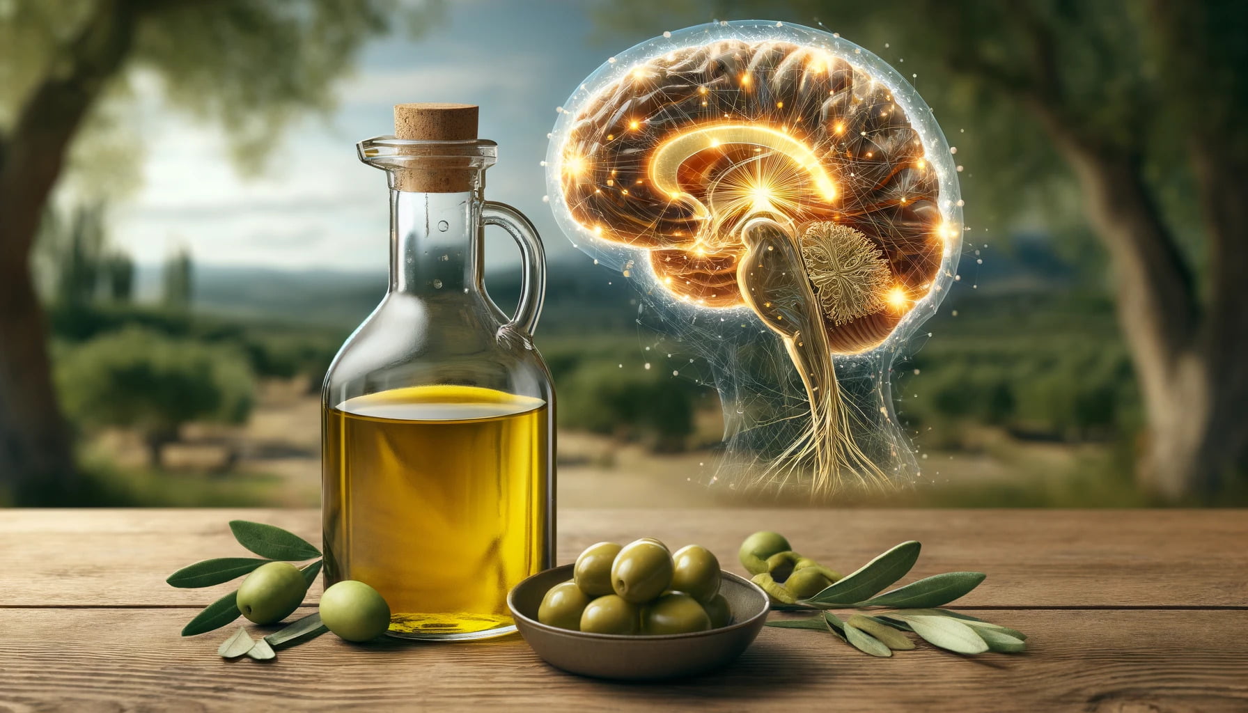 A photorealistic image of a bottle of olive oil alongside a depiction of its cognitive enhancing effects on the brain.