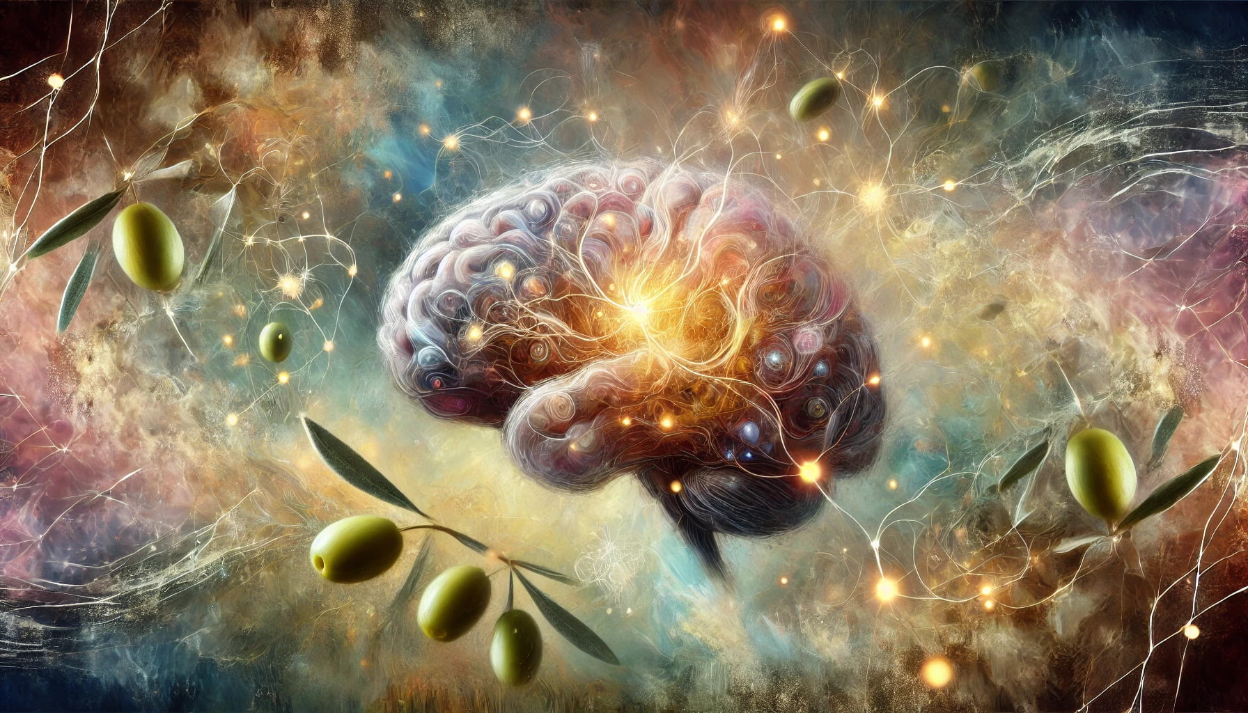 An artistic interpretation of a brain featuring its neural connections enhanced by olive oil, including olives and the oil.