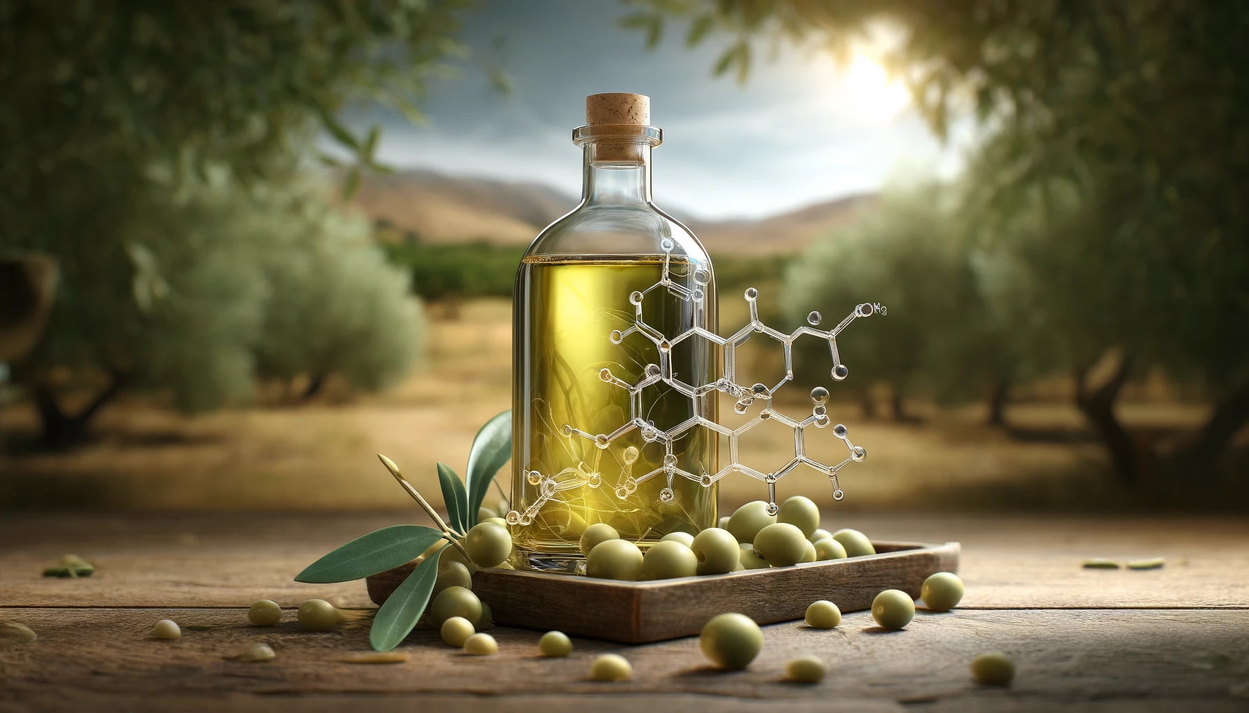 A photorealistic image of a bottle of olive oil with its molecular structure artistically incorporated, 