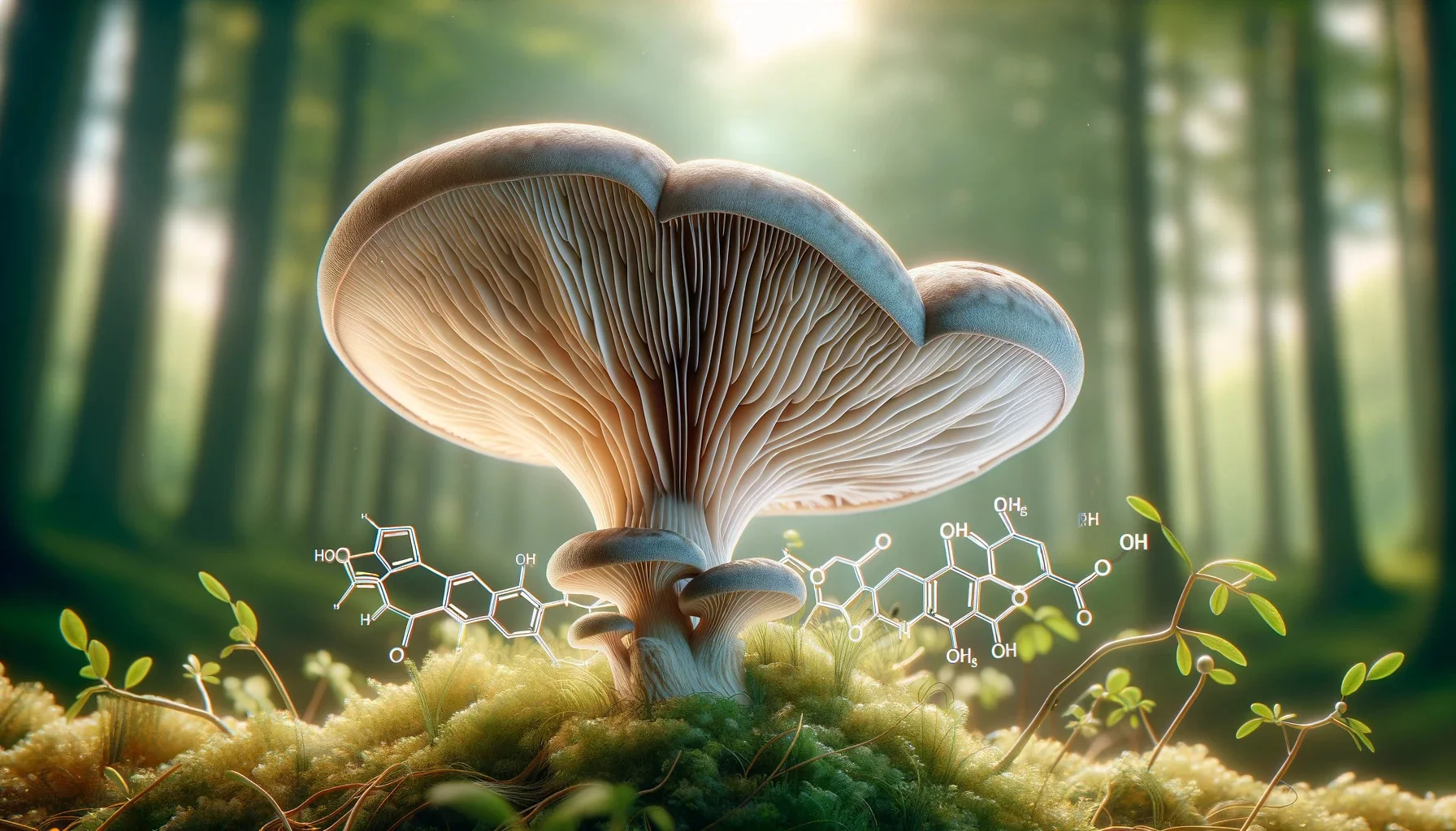 A photorealistic image of an oyster mushroom in a landscape format, artistically incorporating its molecular structure.