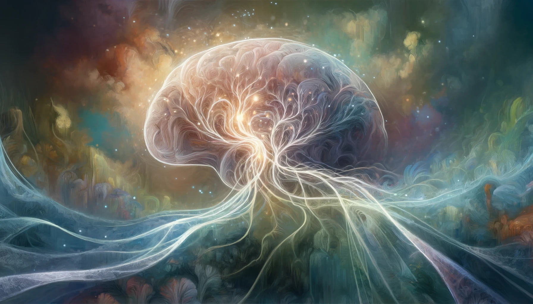 An artistic interpretation of neural connections in the brain being enhanced by the nootropic compound of oyster mushrooms.