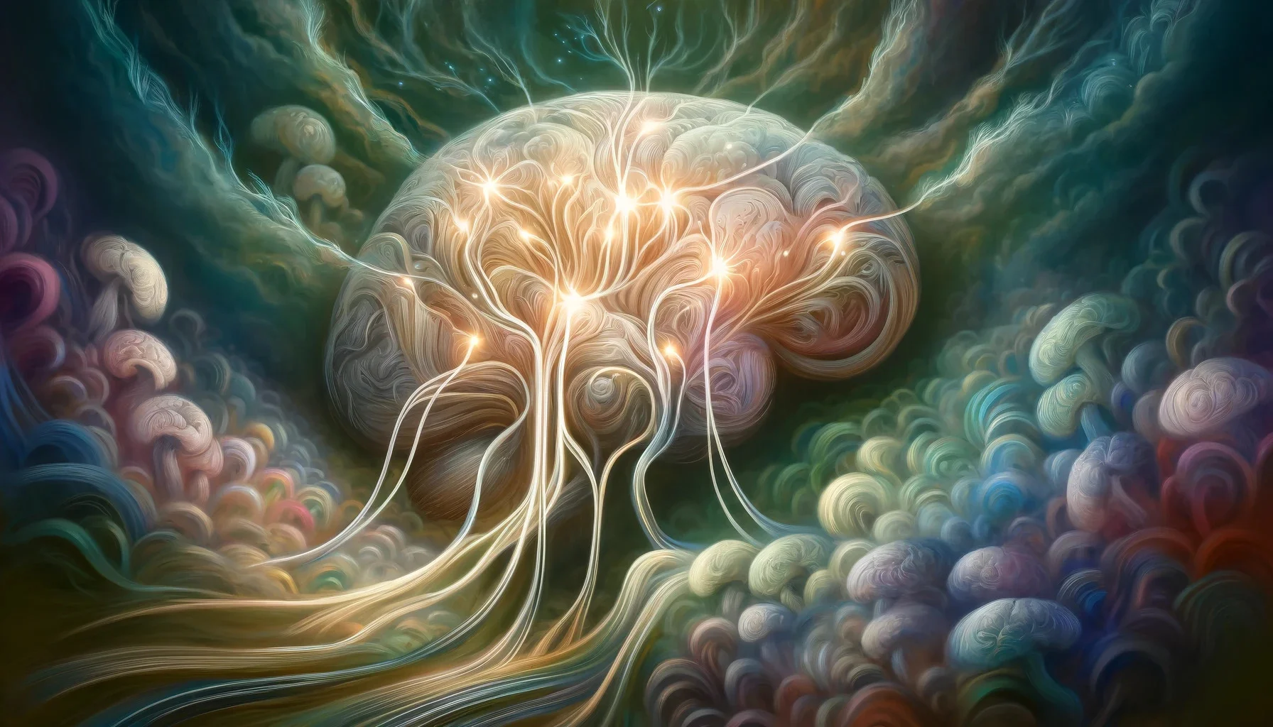 An artistic interpretation of neural connections in the brain being enhanced by the nootropic compound of oyster mushrooms.