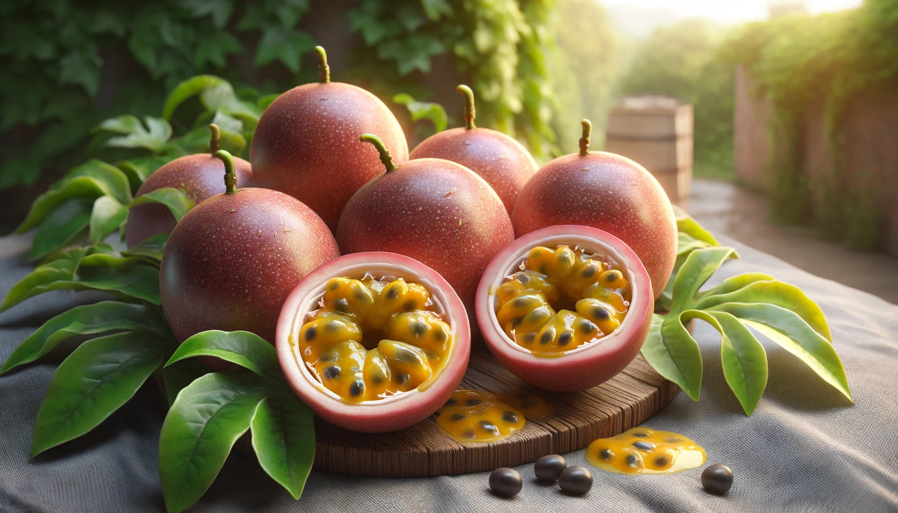  A photorealistic image of passionfruit in a landscape format. 