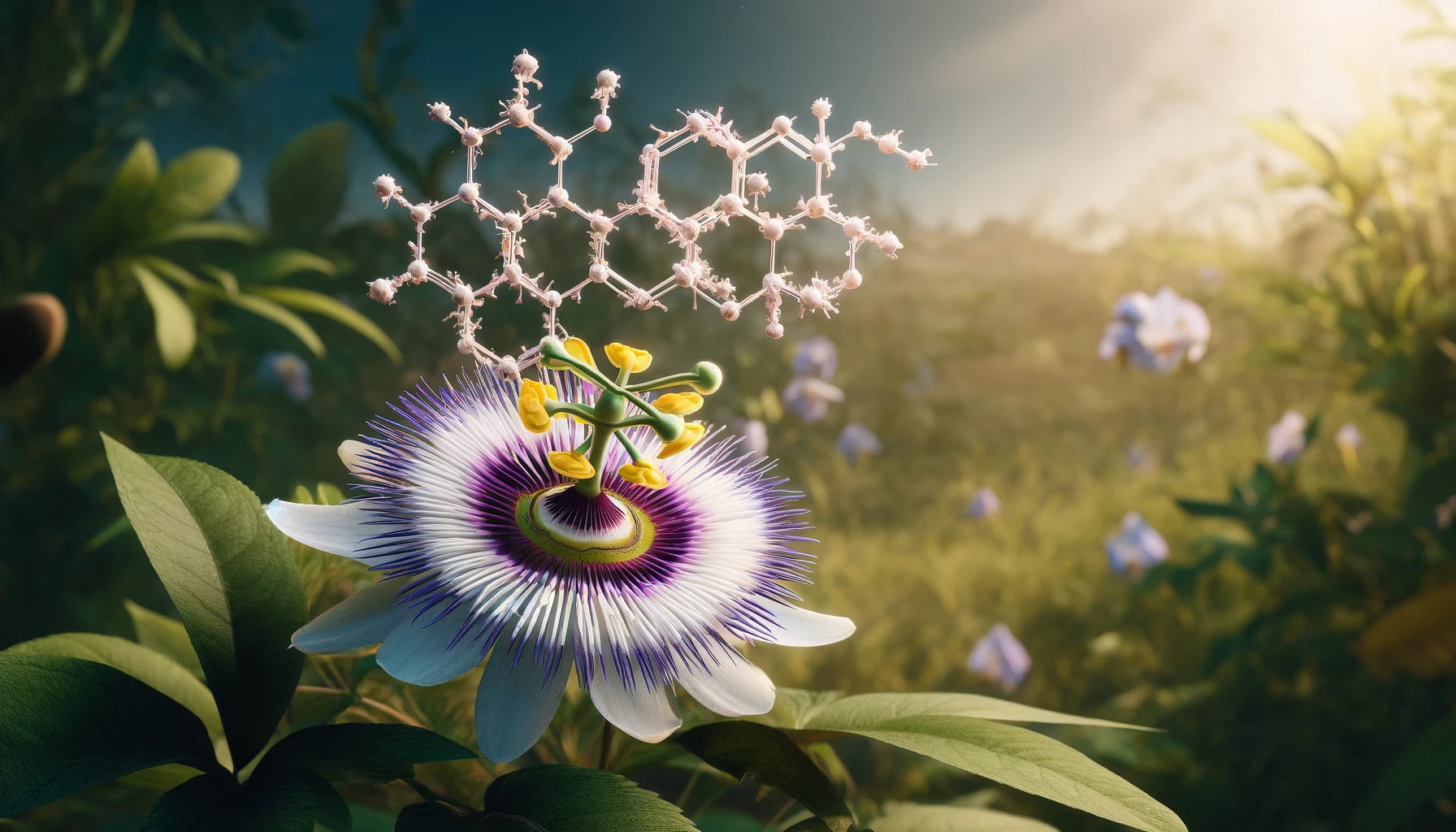  A photorealistic image of a passionflower in a landscape format, artistically incorporating its molecular structure.