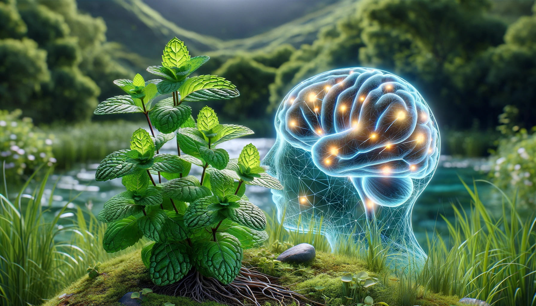 A photorealistic image of a peppermint plant alongside a depiction of its cognitive enhancing effects on the brain, in a landscape format.