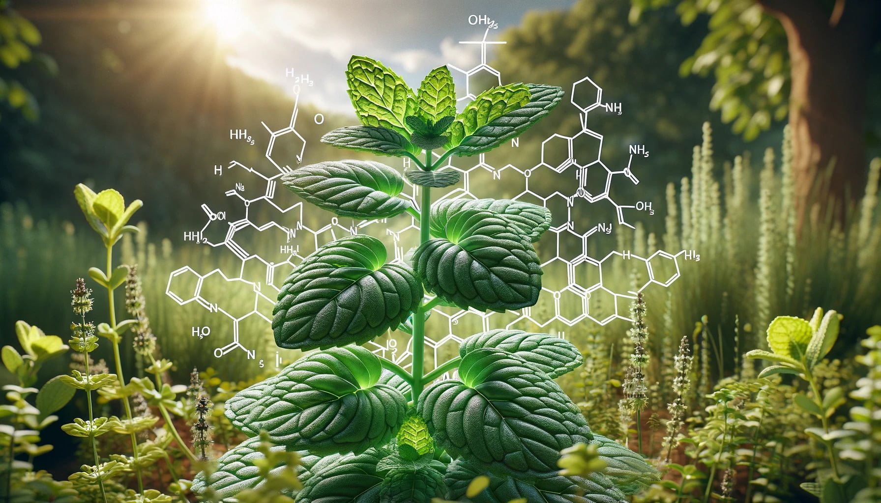 A photorealistic image of a peppermint plant in a landscape format, artistically incorporating its molecular structure. 