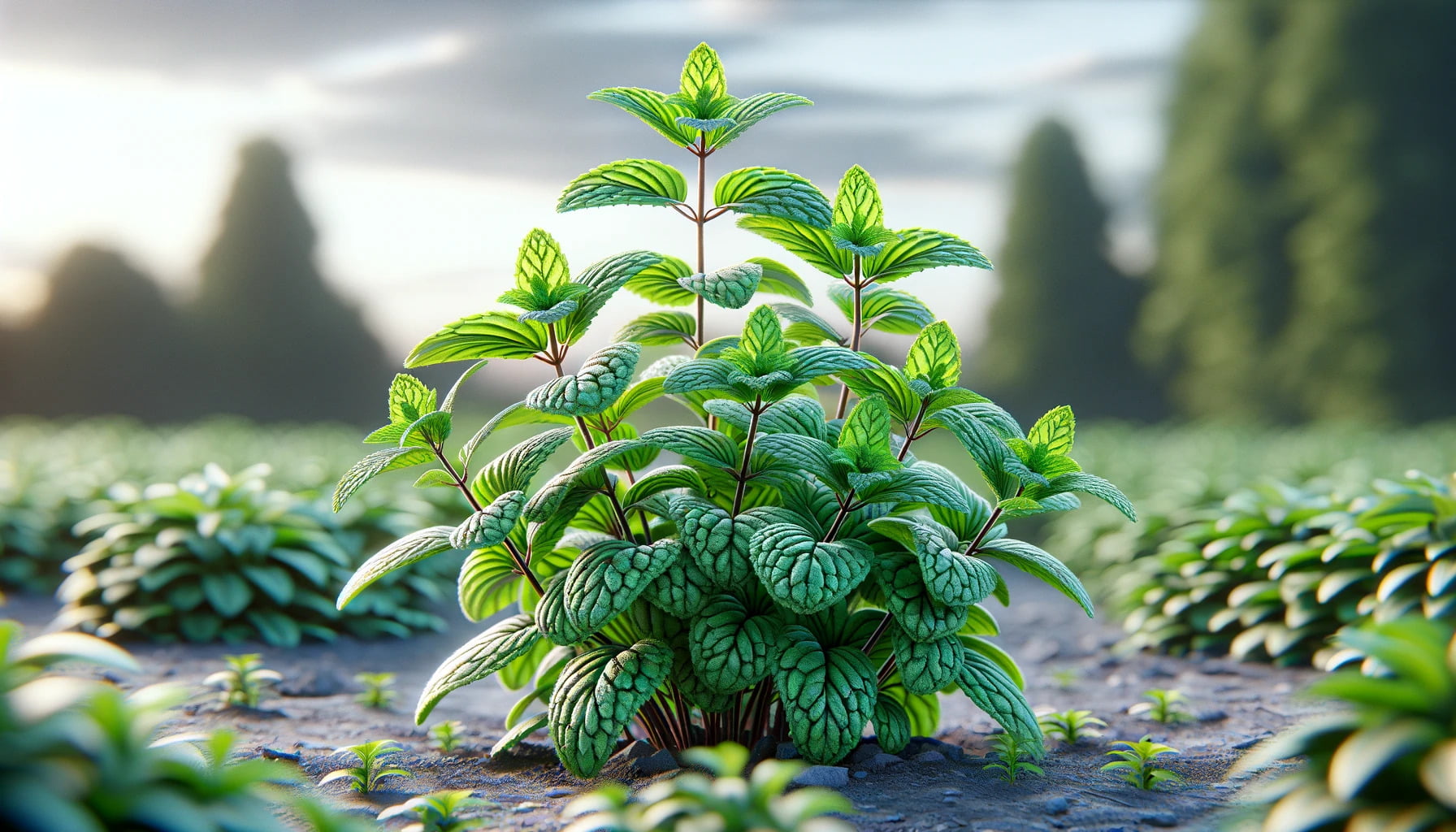 A photorealistic image of a peppermint plant in a landscape format.