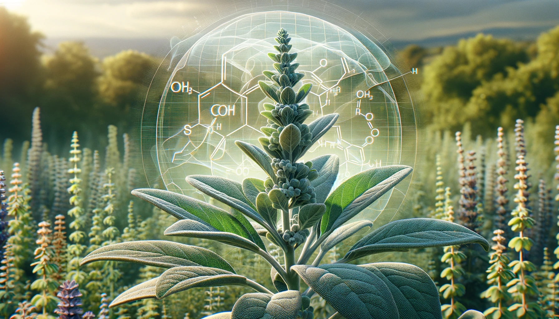  A photorealistic image of a sage plant in a landscape format, artistically incorporating its molecular structure.