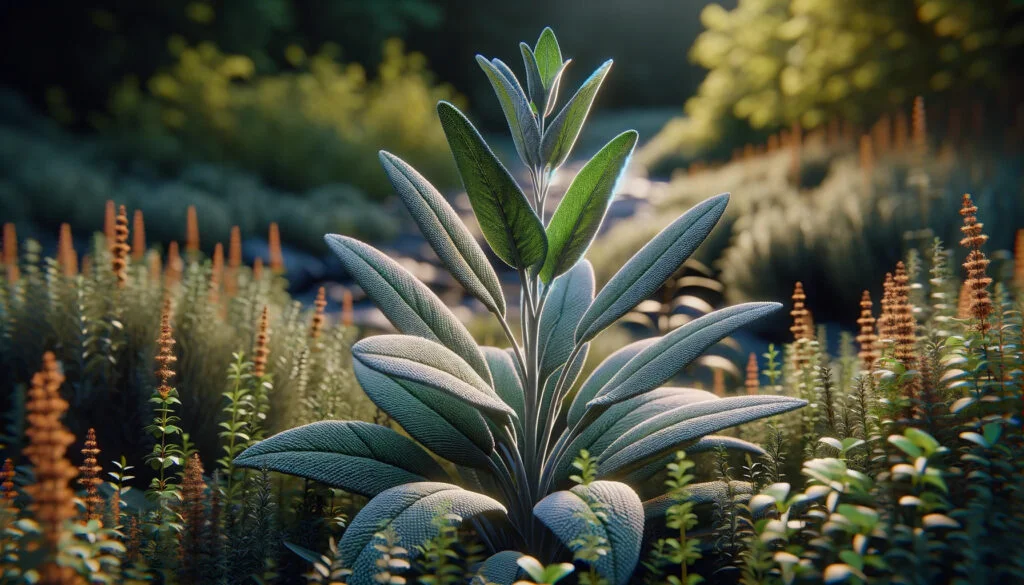 A photorealistic image of sage cognitive enhancer growing in the wilderness.