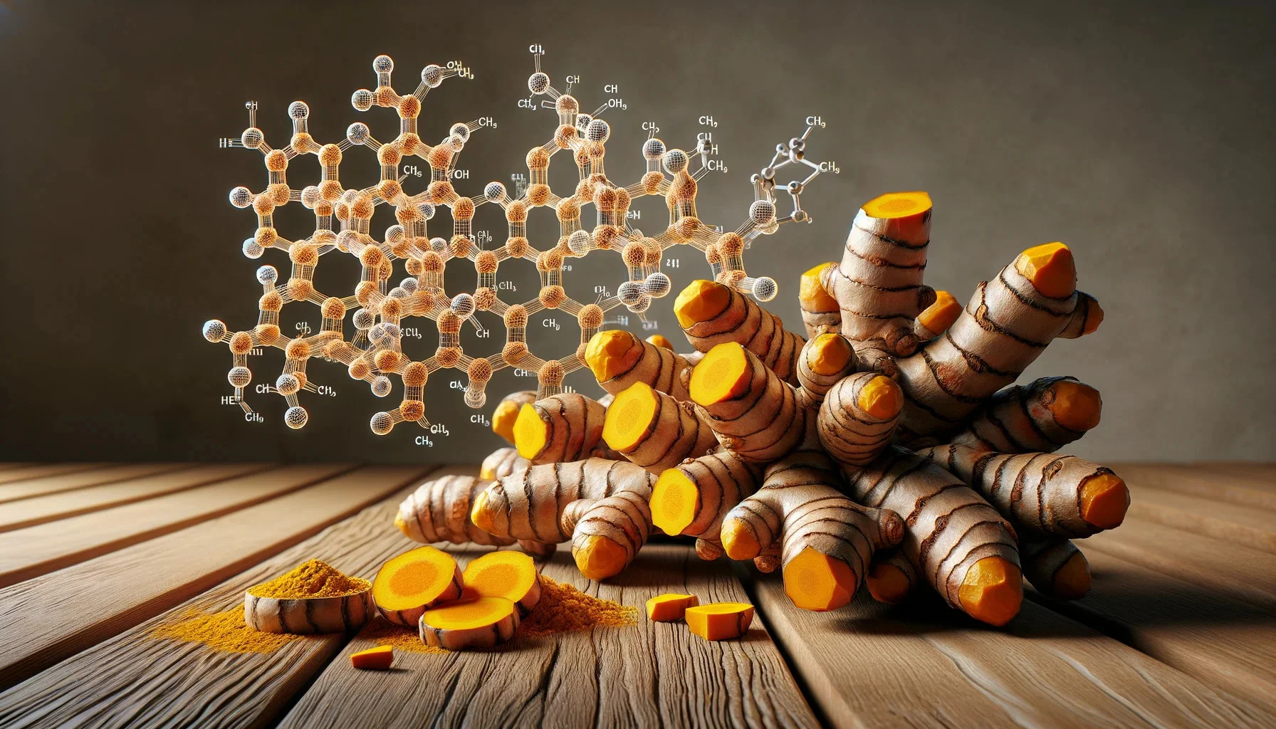 A photorealistic image of fresh turmeric roots on a wooden surface, alongside a depiction of its molecular structure. 