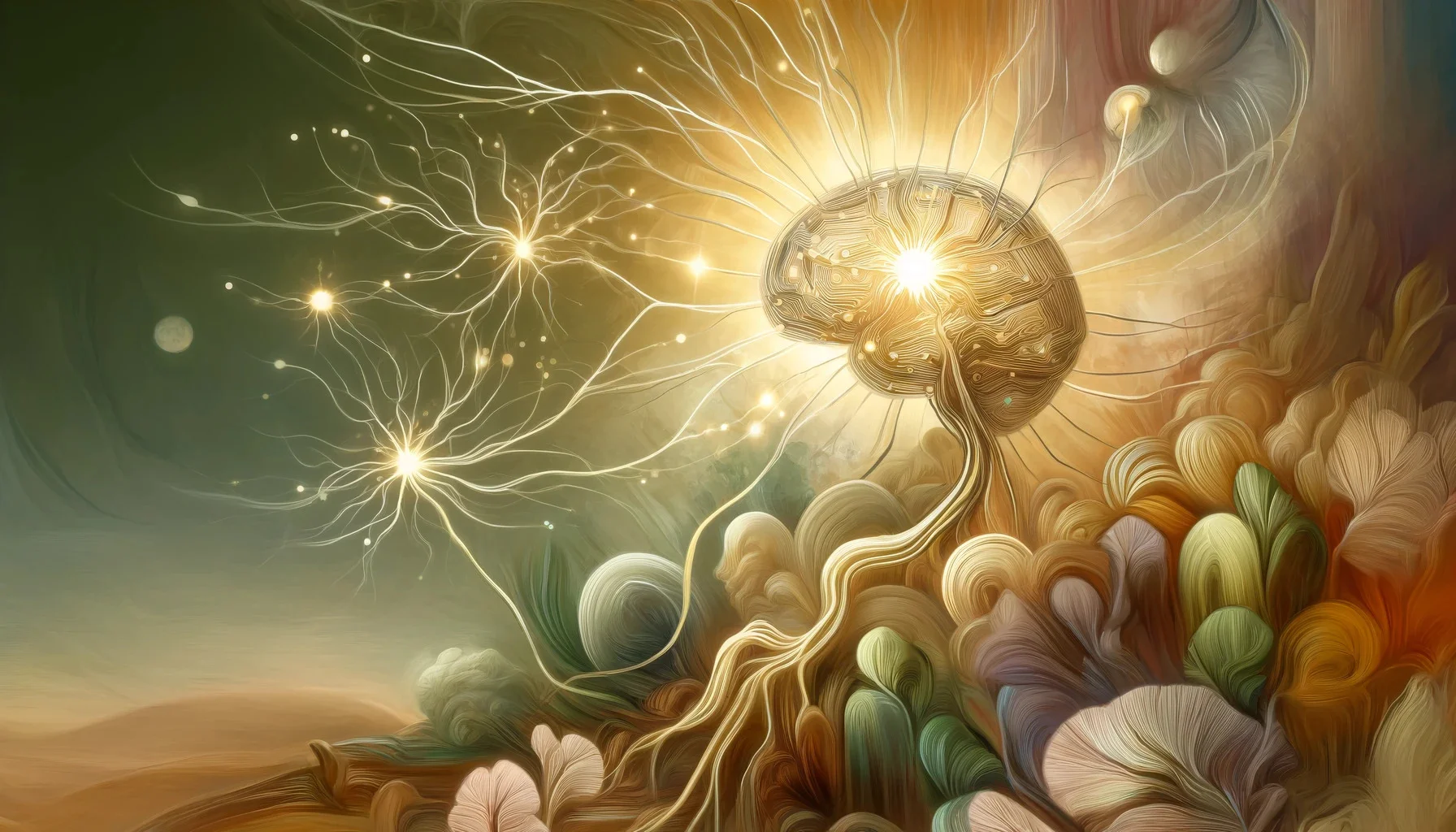 An artistic interpretation of neural connections being enhanced by the nootropic compound turmeric.