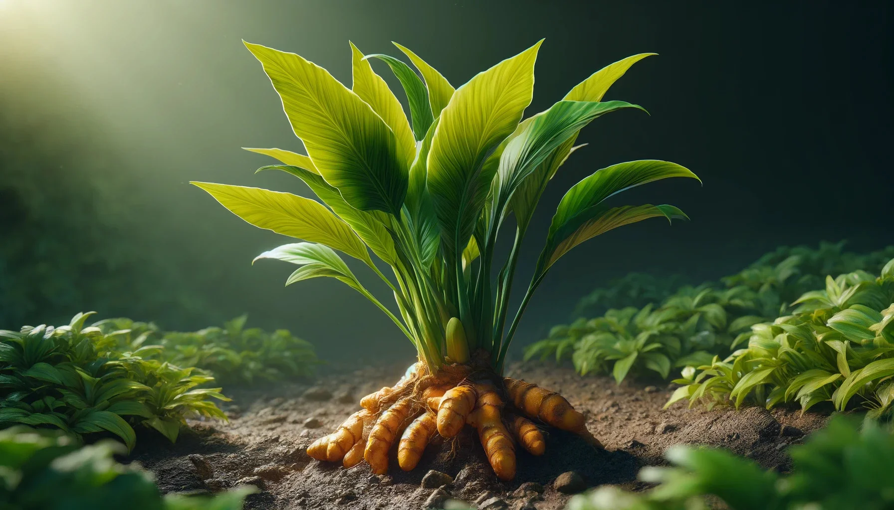 A photorealistic image of a turmeric plant in a natural setting.