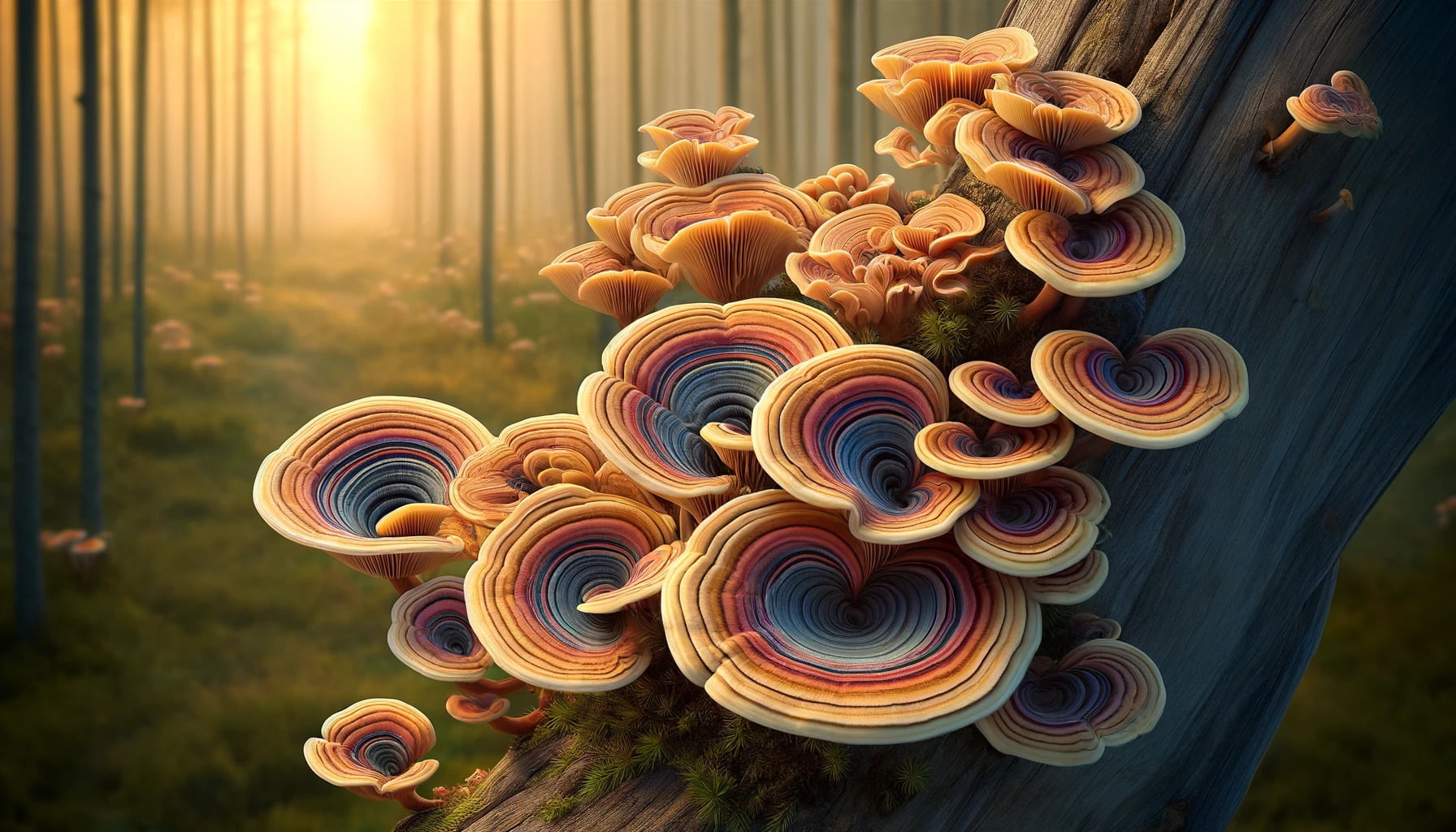 A photorealistic image of a turkey tail mushroom (Trametes versicolor) growing as a polypore mushroom in landscape format.