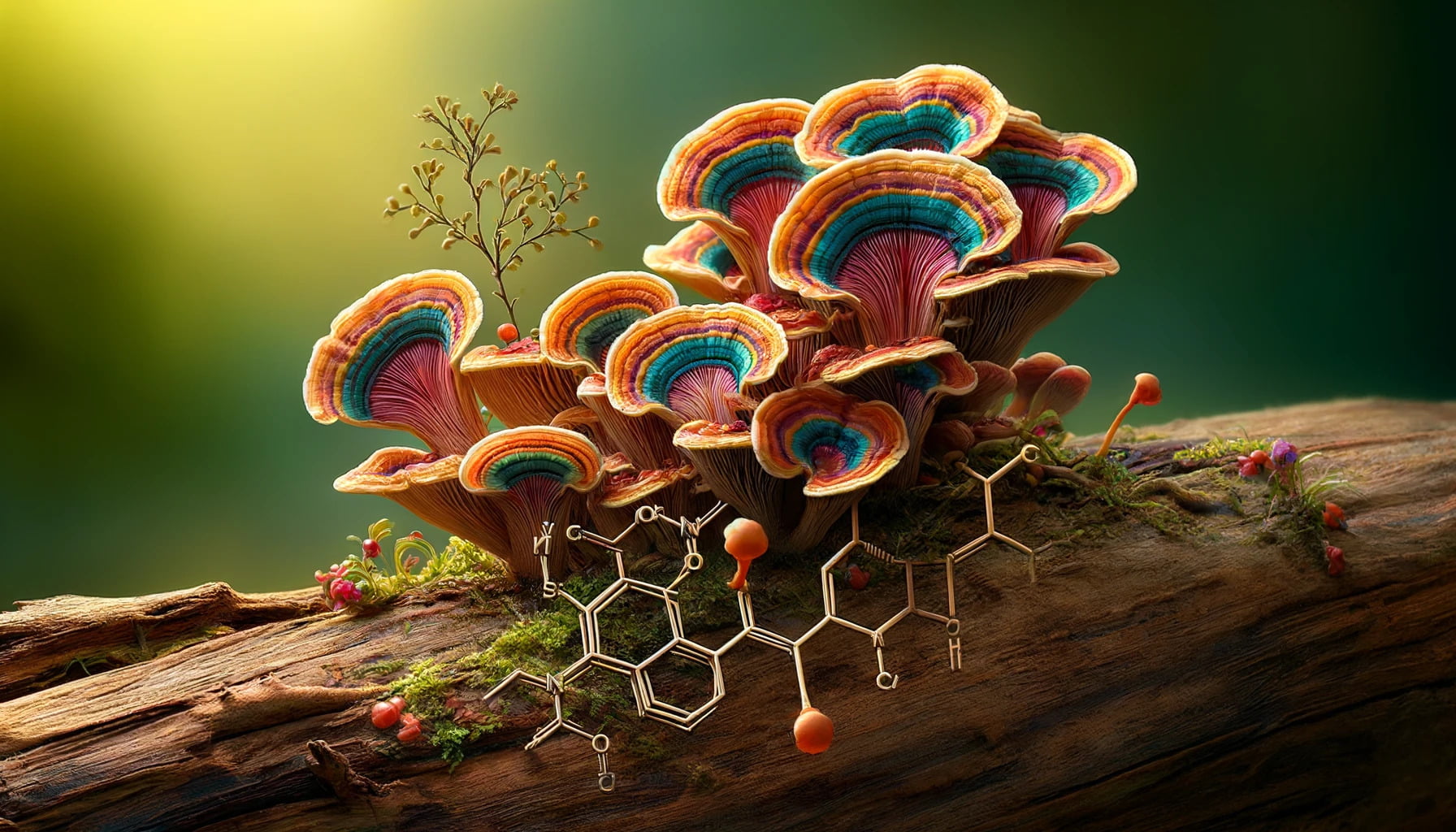 A photorealistic image of a turkey tail mushroom (Trametes versicolor) growing as a polypore mushroom on a log with its molecular structure.