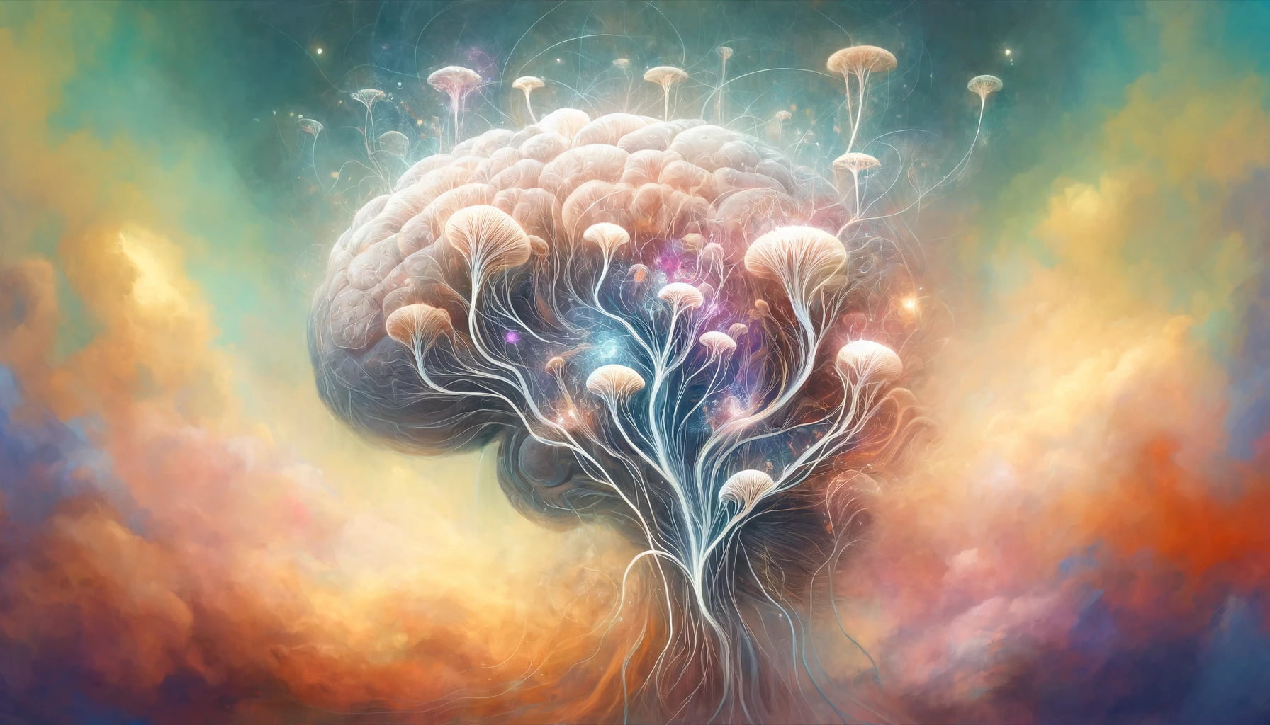 An artistic interpretation of neural connections in the brain being enhanced by the nootropic compound turkey tail mushroom.