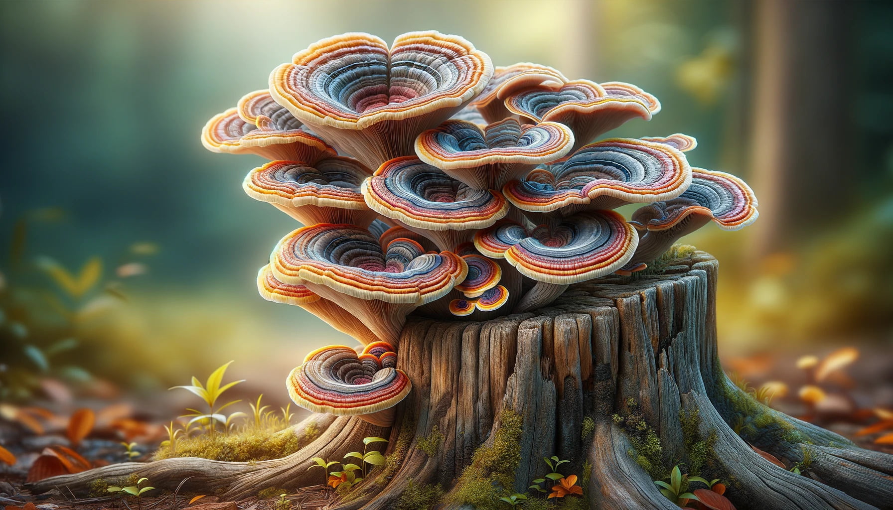 A photorealistic image of turkey tail mushroom (Trametes versicolor) growing off a tree stump in landscape format.