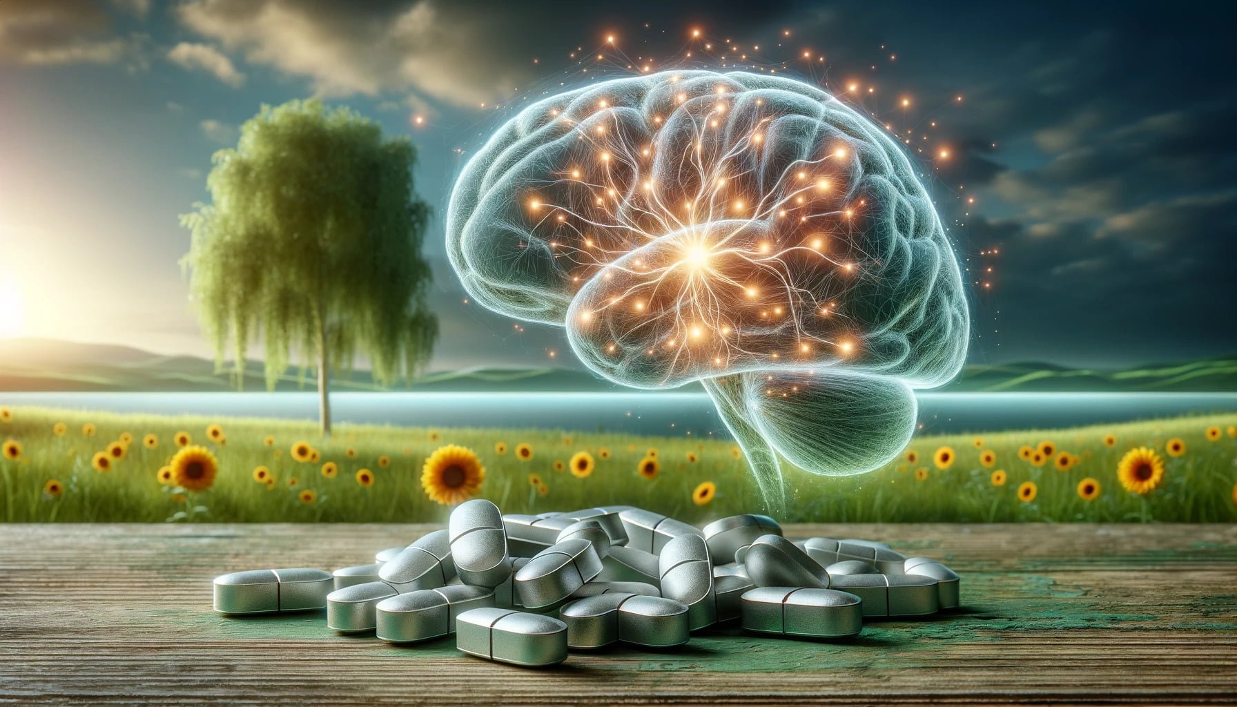 A photorealistic image of Vitamin B1 tablets, prominently displayed in a natural setting with a depiction of the nootropic effects on cognition.