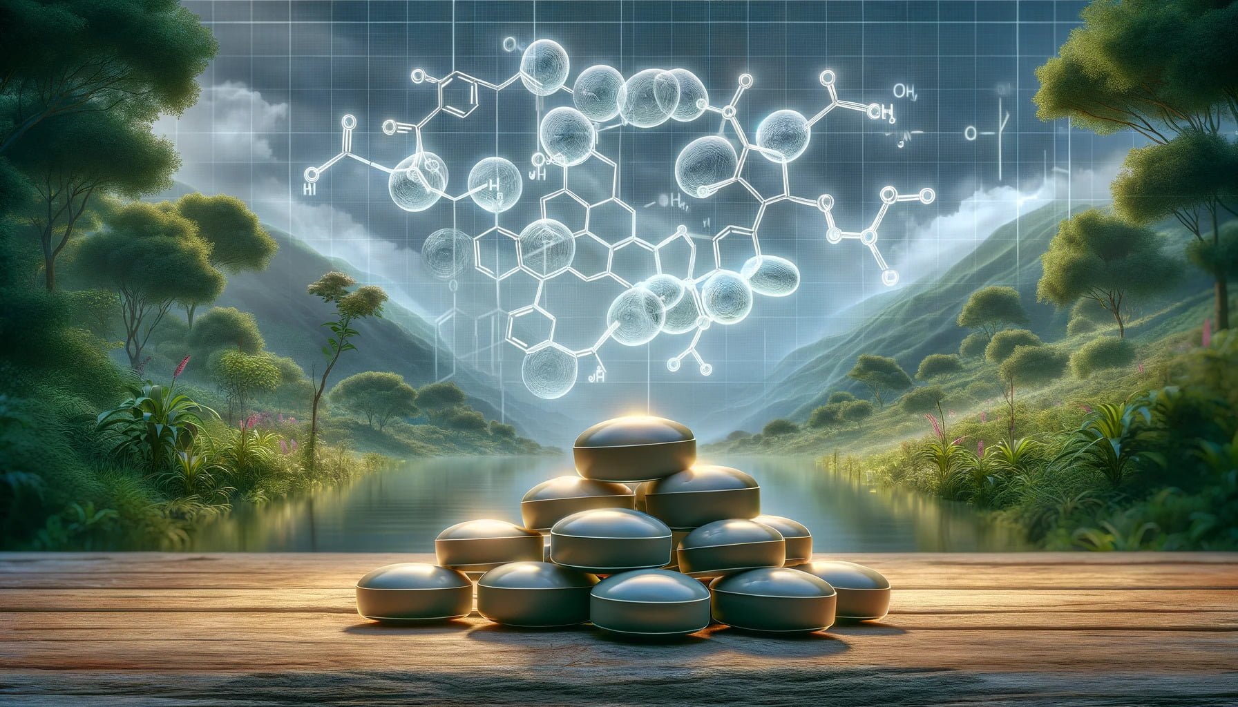  A photorealistic image of Vitamin B1 tablets, prominently displayed in a natural setting.
