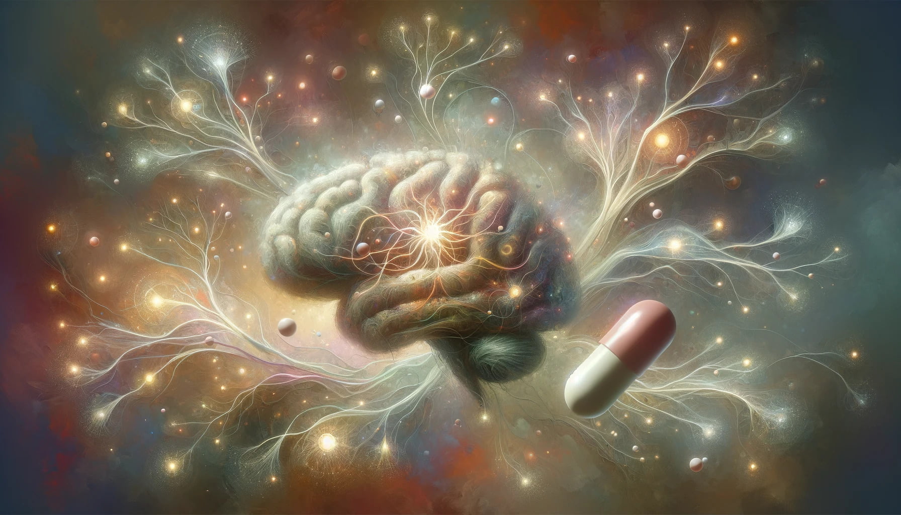An artistic interpretation of neural connections in the brain being enhanced by a nootropic compound from Vitamin B1.