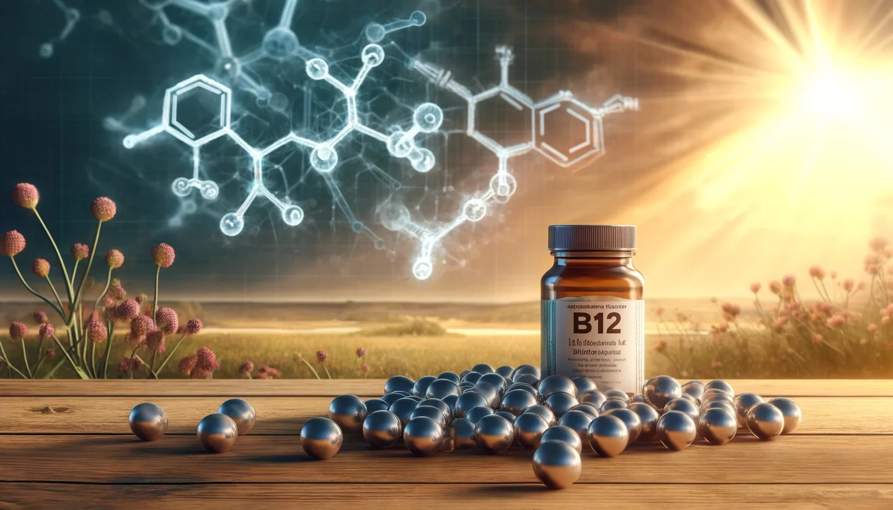 A photorealistic image of vitamin b12 with its molecular structure.