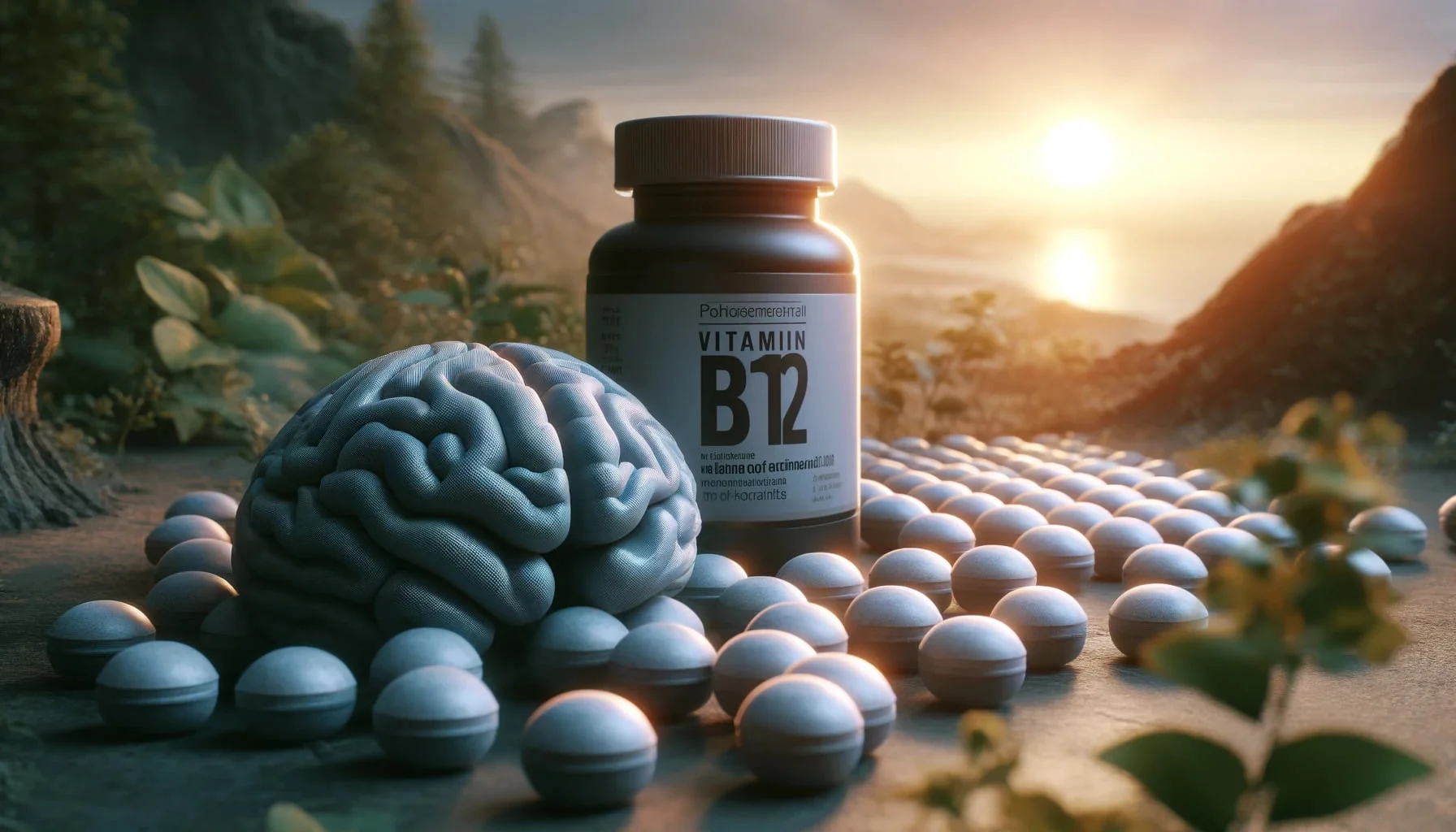 A photorealistic image of vitamin b12 supplmenet next to a brain.