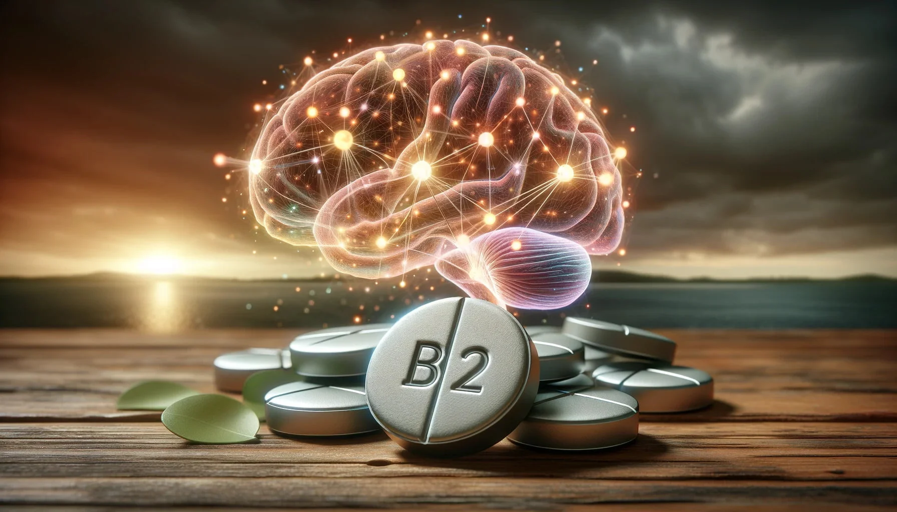 A photorealistic image of b12 vitamin tablet with a brain depicted in the background.
