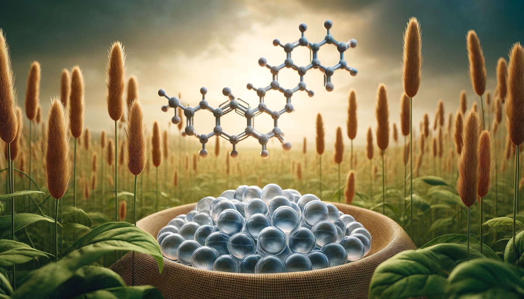 A photorealistic depiction of vitamin b6 supplements in a field, with it's molecular structure.