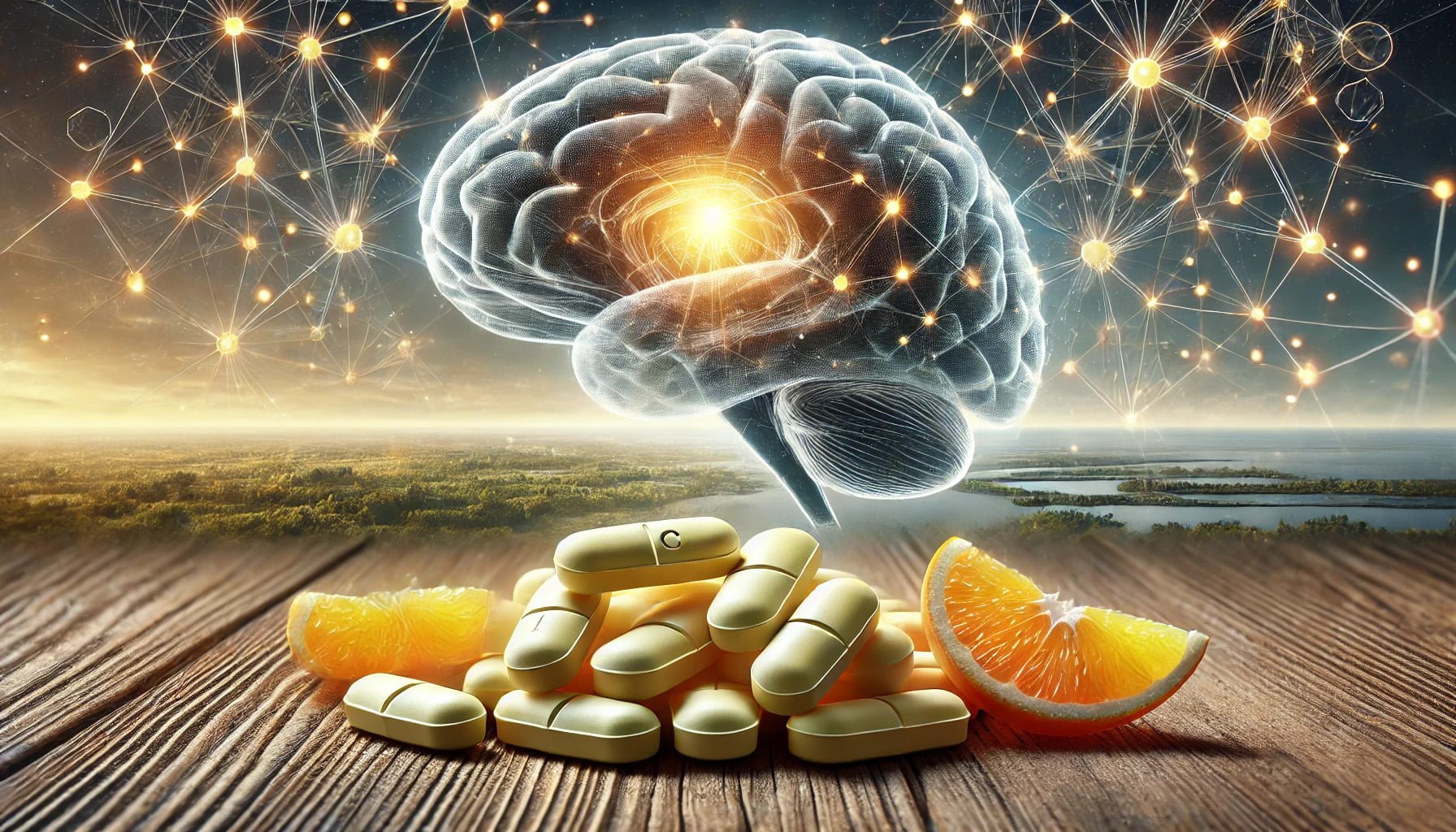  A photorealistic image of Vitamin C tablets, prominently displayed in a natural setting.