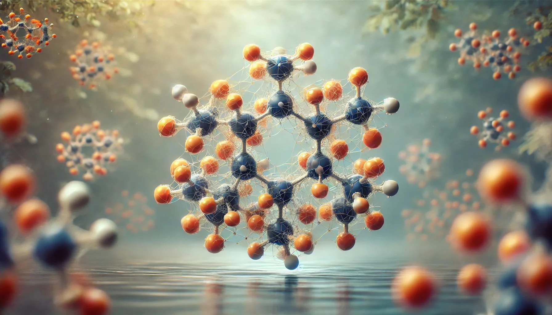 A photorealistic image depicting the molecular structure of Vitamin C in a wide landscape format.