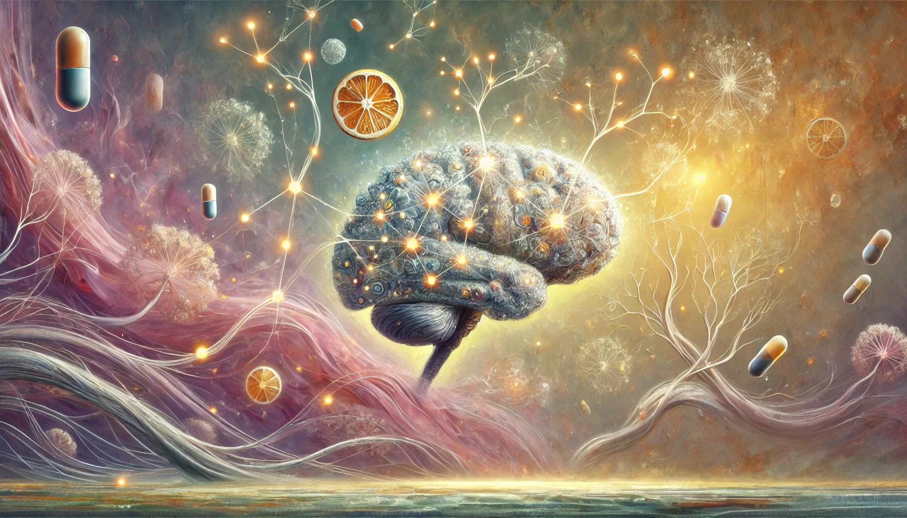 An artistic interpretation of neural connections in the brain being enhanced by a nootropic compound from Vitamin C. 