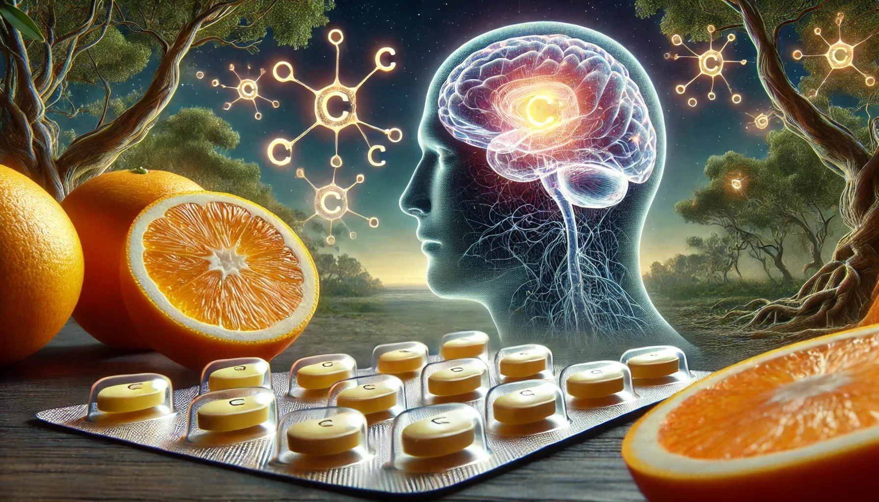 A photorealistic and artistic image of Vitamin C tablets, prominently displayed in a natural setting.