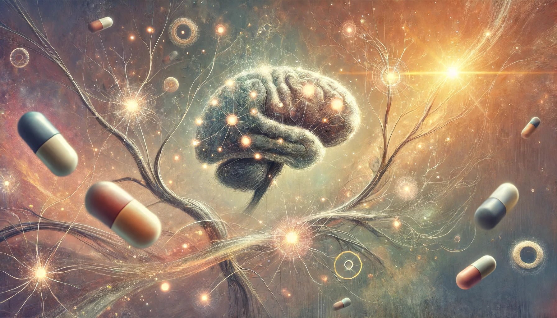An artistic interpretation of neural connections in the brain being enhanced by a nootropic compound from Vitamin D. 