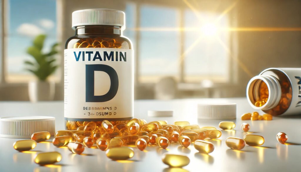 A photorealistic image of vitamin d capsules on a table.