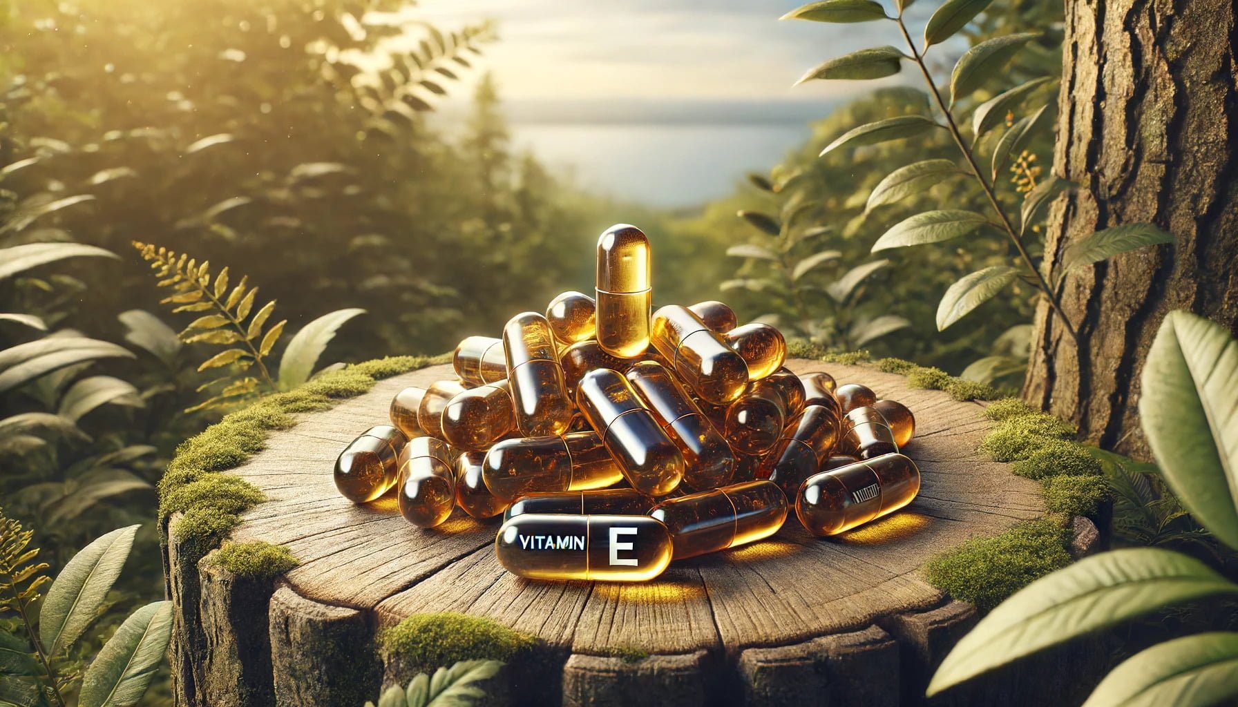 A photorealistic image of Vitamin E nootropic capsules, prominently displayed in a natural setting.