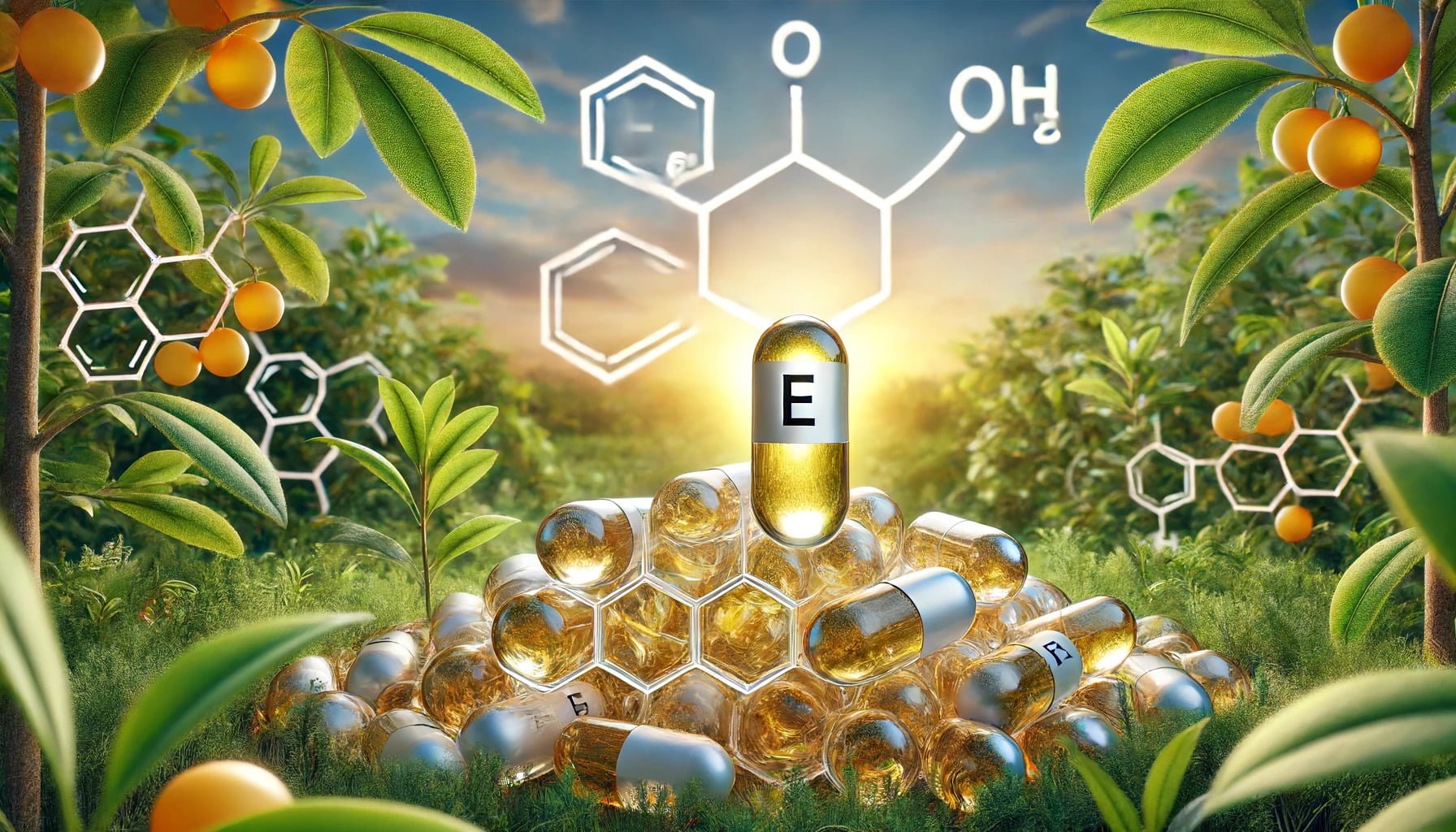 A photorealistic image of vitamin e capsules and it's molecular structure.