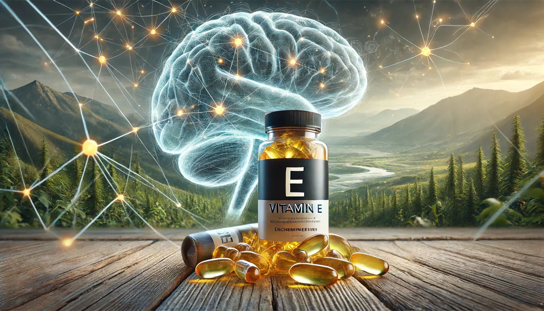 A photorealistic image of Vitamin E capsules, prominently displayed in a natural setting.