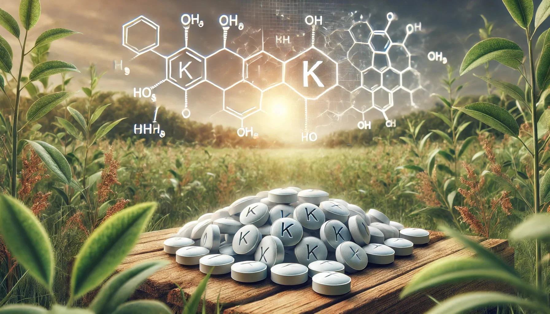 A photorealistic image of Vitamin K tablets, prominently displayed in a natural setting. In the background, the molecular structure of Vitamin K.