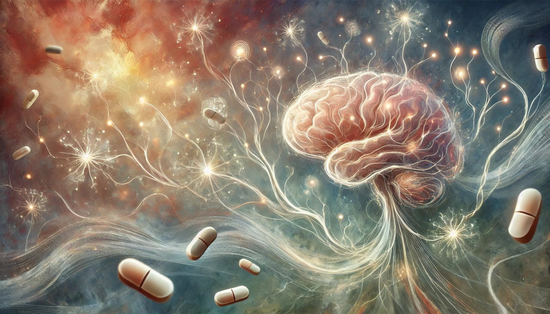 An artistic interpretation of neural connections in the brain being enhanced by a nootropic compound from Vitamin K. 