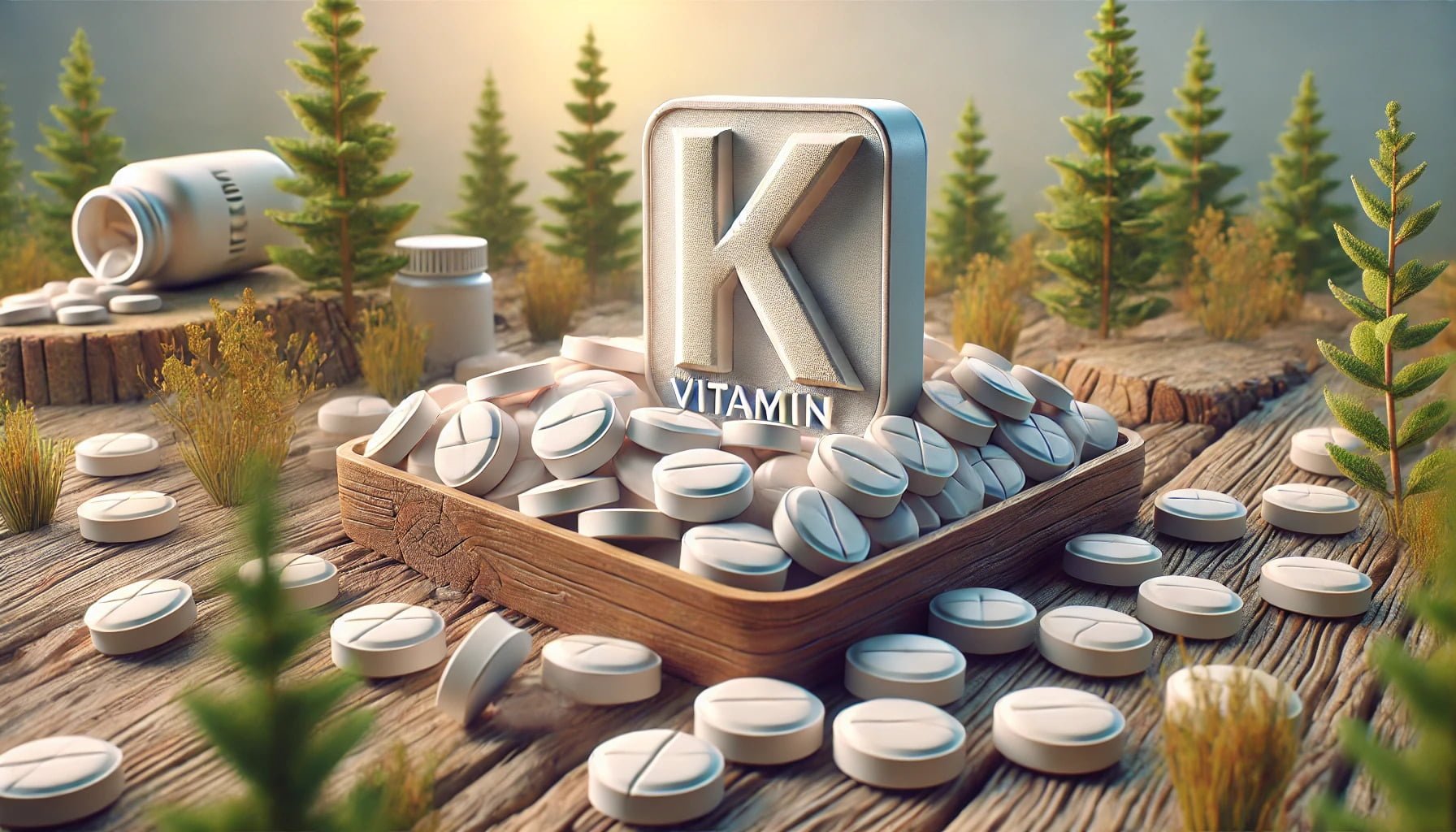 A photorealistic image of Vitamin K tablets, prominently displayed in a natural setting.