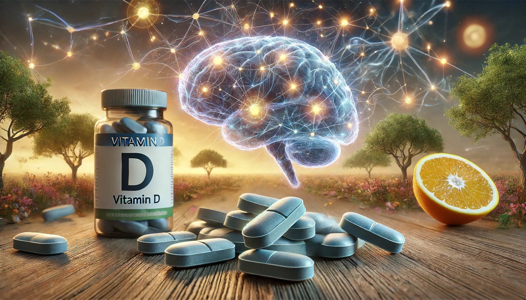 A photorealistic image of Vitamin D tablets, prominently displayed in a natural setting.