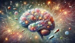 An artistic depiction of the brain being enhanced by nootropics brought online.